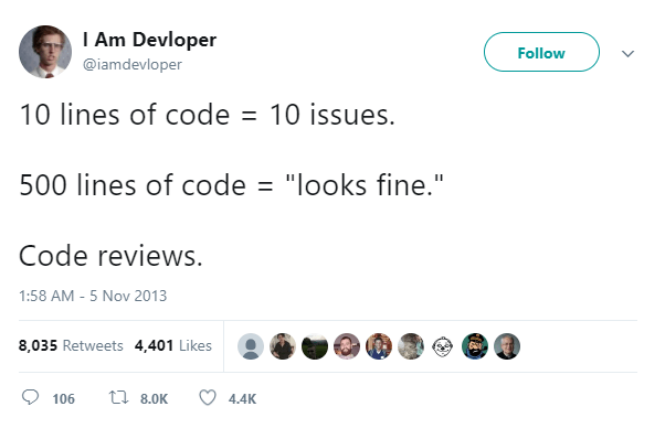 A tweet showing that small PRs receive intense scrutiny while large PRs get a quick “looks fine”